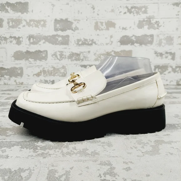 NEW Nordstrom Open Edit White Faux Patent Gold Chunky Academia Loafers C433 - Picture 1 of 14